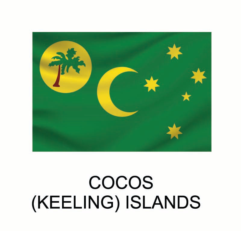 Flag of the Cocos (Keeling) Islands featuring a green background, a palm tree at hoist side, a gold crescent moon, and four stars on Cover-Alls' Flags of the World Decals.