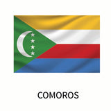 Flag of Comoros featuring four horizontal stripes in yellow, white, red, and blue, with a green triangle at the hoist bearing a white crescent and four stars. This design is available in Cover-Alls Flags of the World Decals.