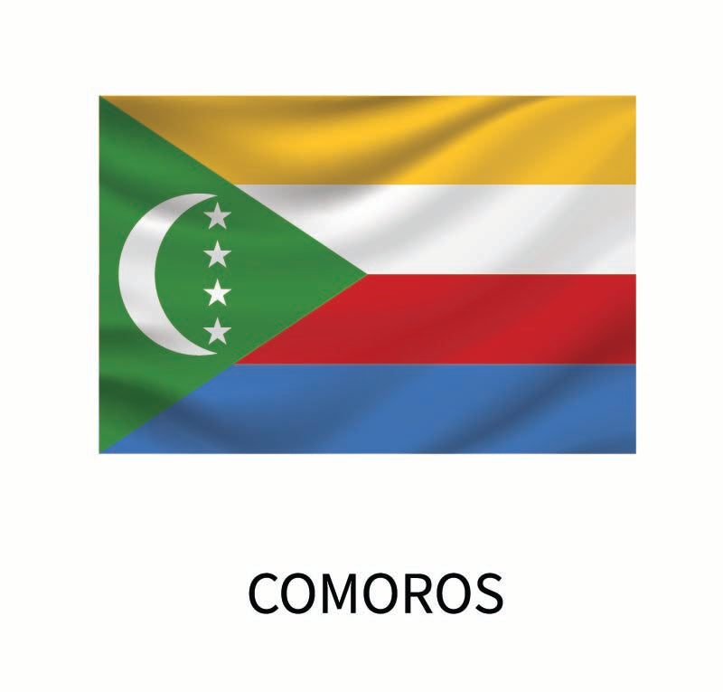 Flag of Comoros featuring four horizontal stripes in yellow, white, red, and blue, with a green triangle at the hoist bearing a white crescent and four stars. This design is available in Cover-Alls Flags of the World Decals.