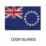 Flag of the Cook Islands featuring the Union Jack in the canton and a ring of 15 white stars on a blue field, with the label 