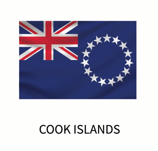 Flag of the Cook Islands featuring the Union Jack in the canton and a ring of 15 white stars on a blue field, with the label "Cook Islands" below, available as Cover-Alls Flags of the World Decals.