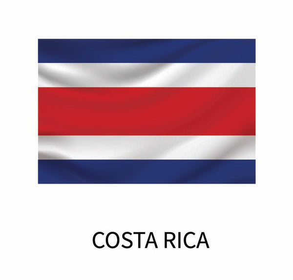 Flag of Costa Rica with five horizontal stripes; blue, white, red, white, and blue. It features a Cover-Alls "Flags of the World Decals" representation including the country's name "Costa Rica.