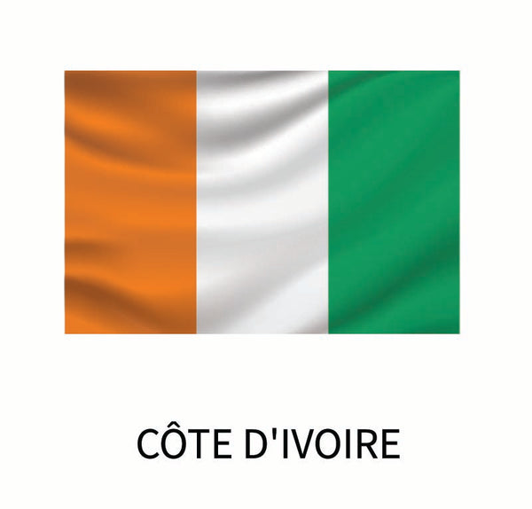 Flag of Côte d'Ivoire consisting of three vertical bands of orange, white, and green, with the country's name below in capital letters as a Cover-Alls Flags of the World Decal.