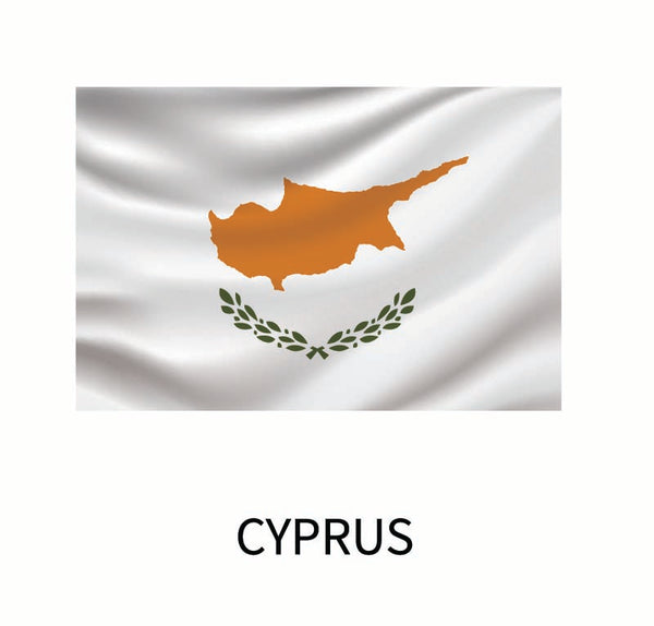 Cover-Alls Flags of the World Decals features a map of the island in copper-orange above two olive branches on a white background, with "Cyprus" text below as a custom size decal.