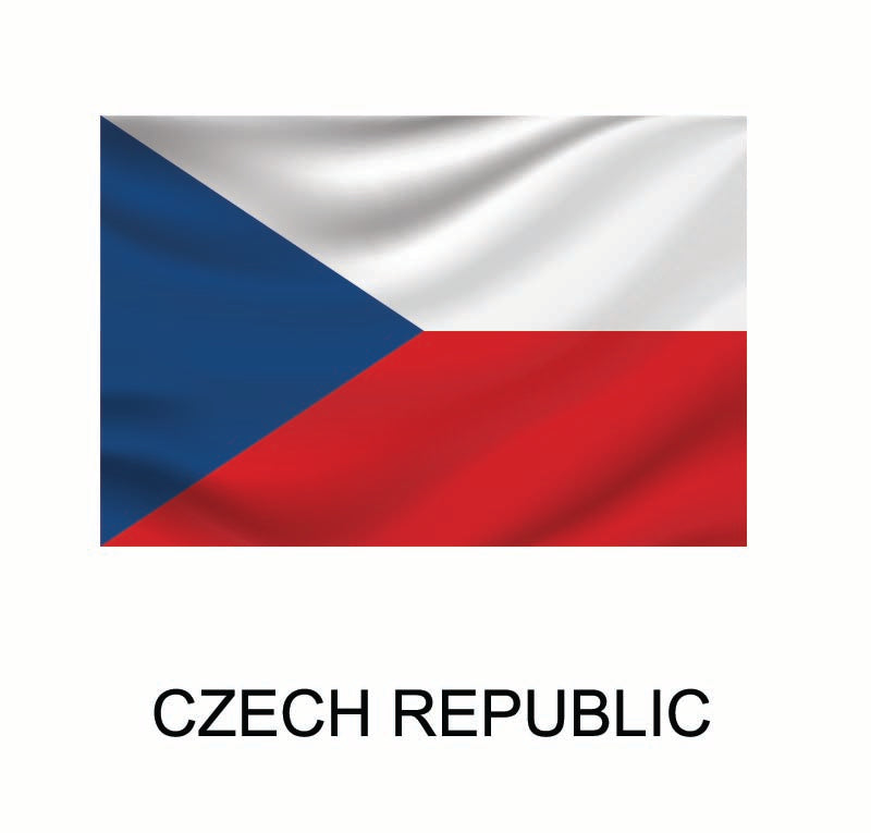 Flag of the Czech Republic decal featuring white, red, and blue horizontal stripes, with the name "Czech Republic" below it from Cover-Alls Flags of the World Decals.