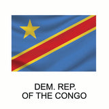 Flag of the democratic republic of the Congo with a yellow star in the top left corner and diagonal red stripe bordered by yellow, on a blue background. Below is text 