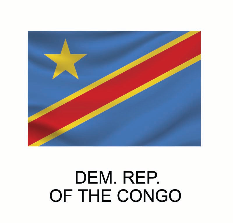 Flag of the democratic republic of the Congo with a yellow star in the top left corner and diagonal red stripe bordered by yellow, on a blue background. Below is text "Dem. Rep. of the" can be found on Cover-Alls Flags of the World Decals.