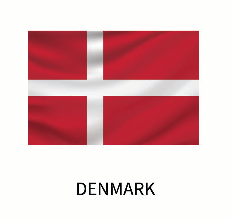 Flag of Denmark featuring a white Scandinavian cross on a red background, with the word "Denmark" below. This is part of our Cover-Alls Flags of the World decals collection.