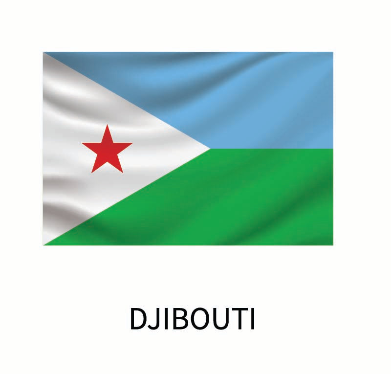 Flag of Djibouti divided diagonally with a blue triangle featuring a red star, and horizontal white and green bands. This Cover-Alls custom size decal represents one of the Flags of the World decals.