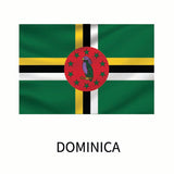 Flag of Dominica featuring a green field with a triple-colored cross bearing a red disc with a sisserou parrot encircled by ten stars, available as a Cover-Alls Flags of the World Decal.