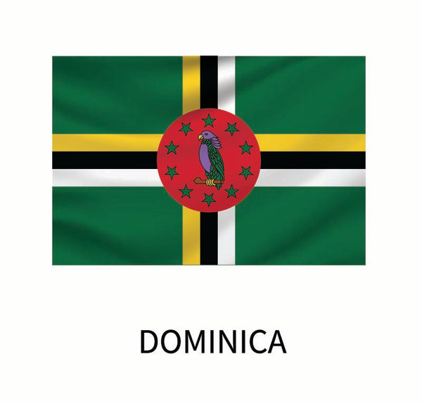 Flag of Dominica featuring a green field with a triple-colored cross bearing a red disc with a sisserou parrot encircled by ten stars, available as a Cover-Alls Flags of the World Decal.