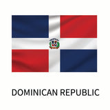 Flag of the Dominican Republic featuring a central white cross dividing blue and red squares, with a coat of arms in the center. A Cover-Alls Flags of the World Decal below reads 