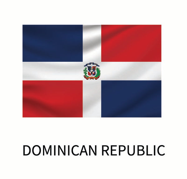 Flag of the Dominican Republic featuring a central white cross dividing blue and red squares, with a coat of arms in the center. A Cover-Alls Flags of the World Decal below reads "Dominican Republic.