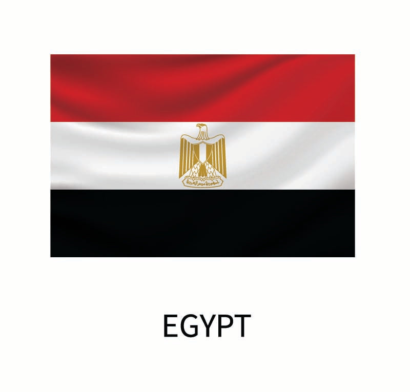 Flag of Egypt featuring three horizontal stripes in red, white, and black, with a golden eagle of Saladin in the center, available as a Cover-Alls Flags of the World Decal.