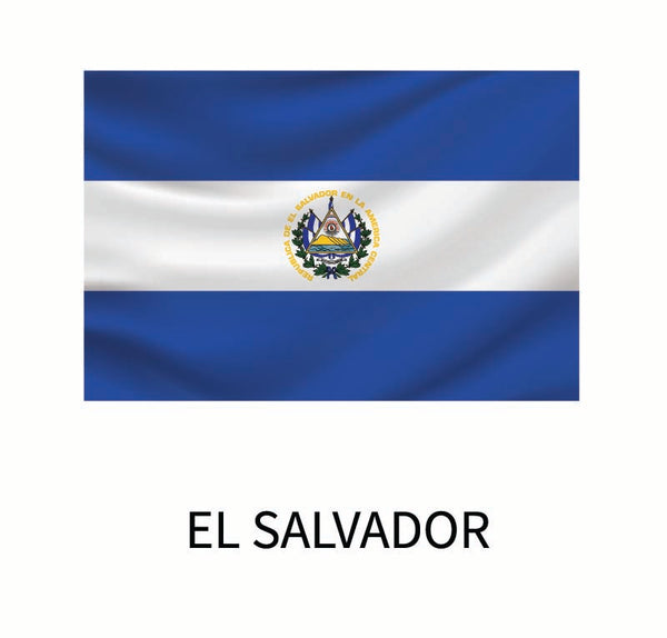 Cover-Alls' Flags of the World Decals featuring the flag of El Salvador with horizontal blue and white stripes and a national coat of arms centered, captioned "El Salvador" below, available as a custom size decal.