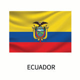 Flag of Ecuador featuring horizontal stripes in yellow, blue, and red, with the national coat of arms at the center. The word 