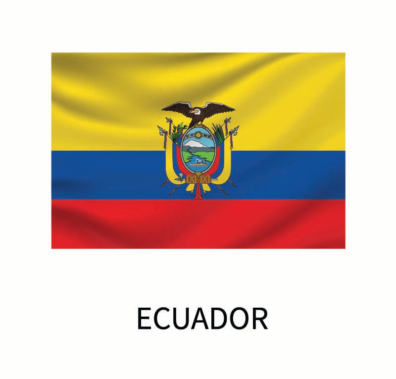 Flag of Ecuador featuring horizontal stripes in yellow, blue, and red, with the national coat of arms at the center. The word "Ecuador" is below on a Cover-Alls Flags of the World Decals decal.