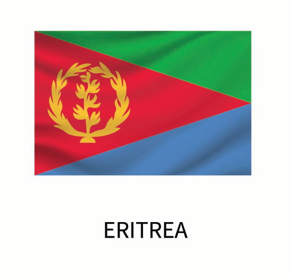 Flag of Eritrea featuring green, blue, and red triangles with a gold olive wreath centered on the red triangle, and the word "Eritrea" below, available as a Cover-Alls Flags of the World Decals in custom size.