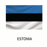 Flag of Estonia featuring three horizontal stripes—blue, black, and white—with the word 