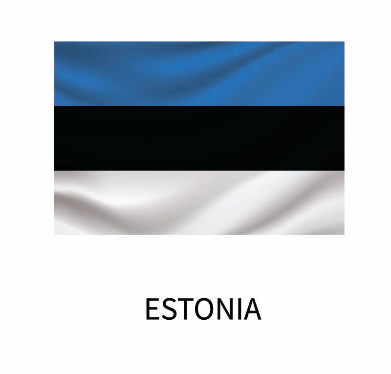 Flag of Estonia featuring three horizontal stripes—blue, black, and white—with the word "Estonia" below it. This Cover-Alls custom size decal represents one of the many Flags of the World decals.