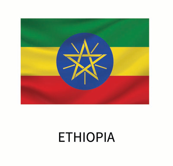 Cover-Alls Flags of the World Decal of Ethiopia featuring horizontal green, yellow, and red stripes with a blue circle and a white star in the center, captioned "Ethiopia" below.
