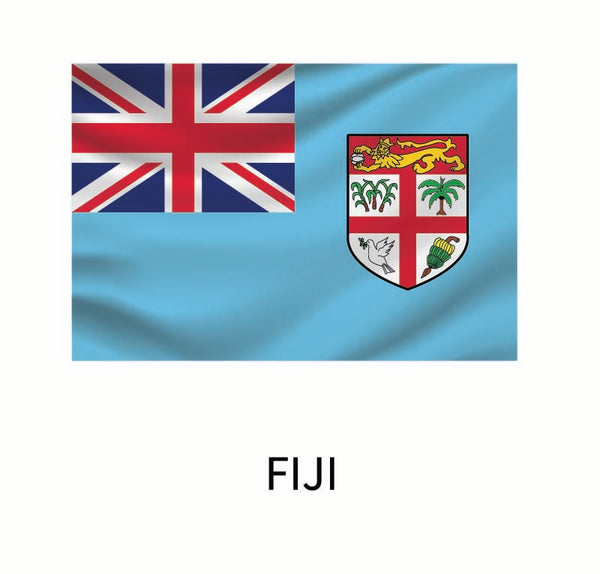 Flag of Fiji featuring the union jack and Fijian coat of arms on a light blue background, with the text "Fiji" below as a Cover-Alls Flags of the World Decals.