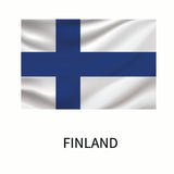 A graphic of the Finnish flag, featuring a blue Nordic cross on a white background, with the word 
