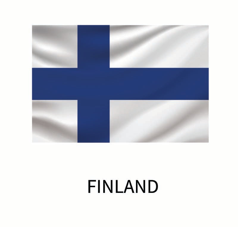 A graphic of the Finnish flag, featuring a blue Nordic cross on a white background, with the word "Finland" beneath it, available as one of the Cover-Alls Flags of the World Decals.