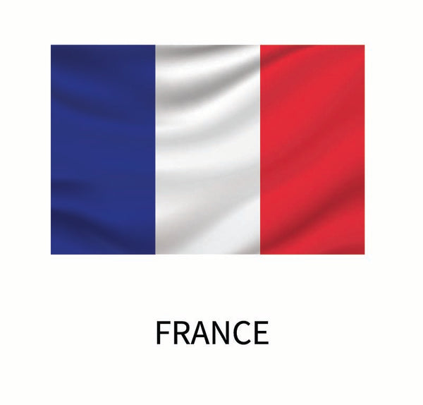 Flag of France consisting of three vertical bands of blue, white, and red, with the word "France" below it as a Cover-Alls Flags of the World Decals.