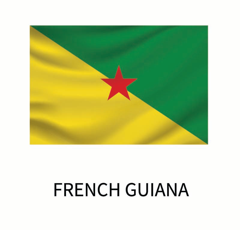 Flag of French Guiana featuring a diagonal division with green and yellow triangles, and a red star at the center, available as Cover-Alls Flags of the World Decals.