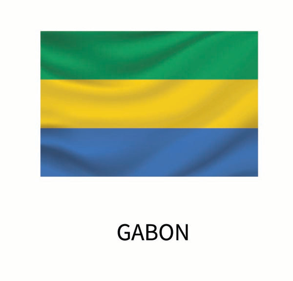 Flag of Gabon with horizontal stripes in green, yellow, and blue, and the country name "Gabon" below it on a Cover-Alls Flags of the World Decals.