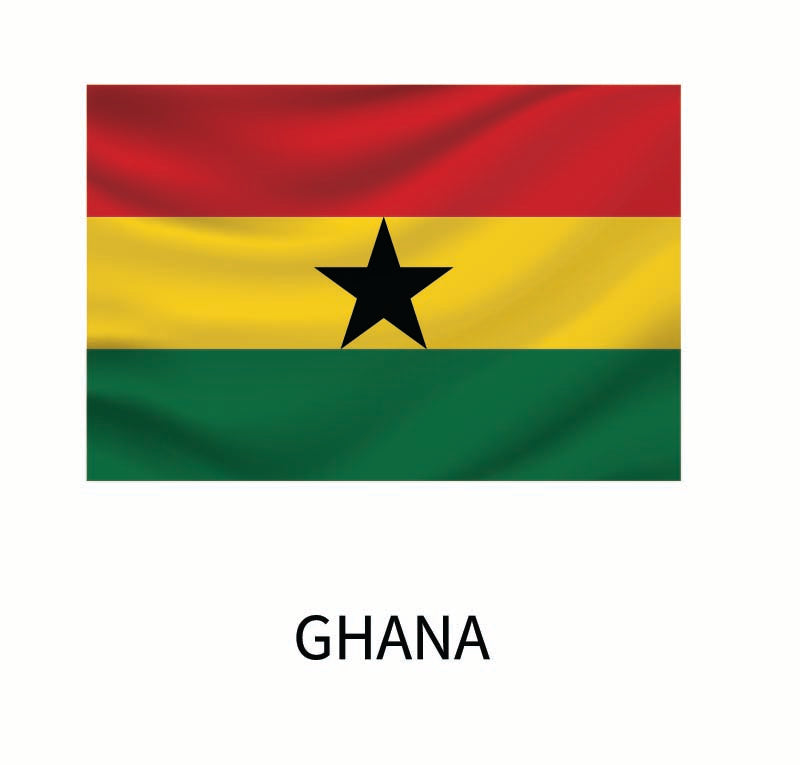 Flag of Ghana with horizontal stripes of red, yellow, and green, featuring a black star in the center on a Cover-Alls Flags of the World Decals decal, labeled "Ghana" below.