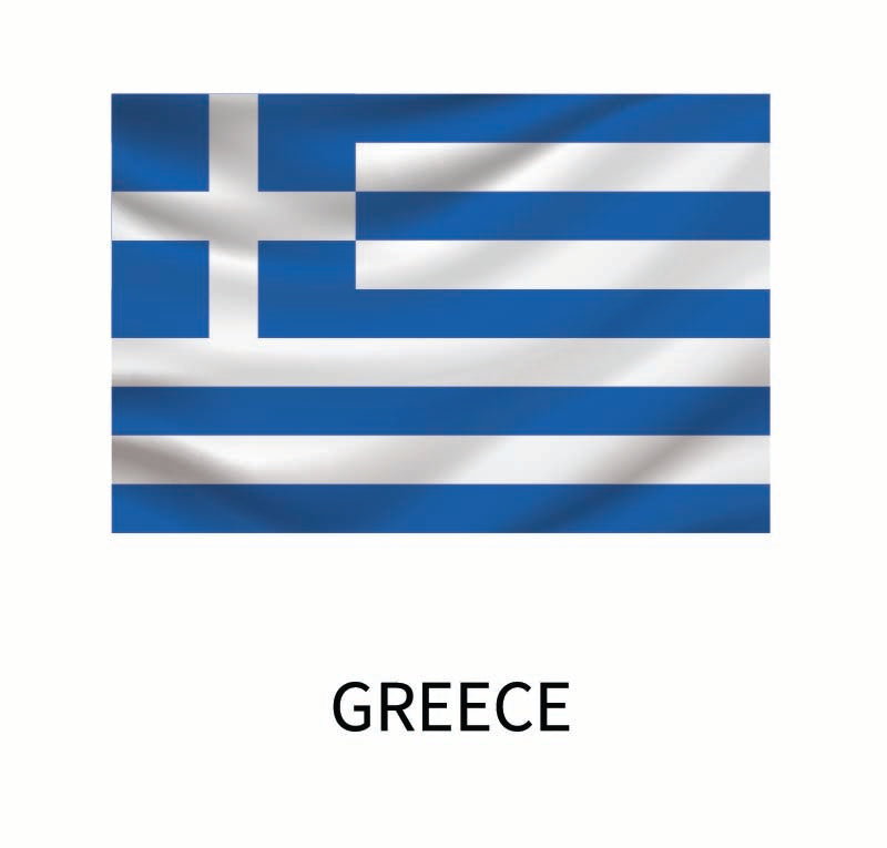 Flag of Greece featuring blue and white stripes with a white cross on a blue square in the upper left corner, labeled "Greece" below as part of the Cover-Alls Flags of the World Decals collection.