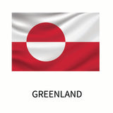 Flag of Greenland featuring a horizontal red stripe with a white circle in the center on a white background, with the word 