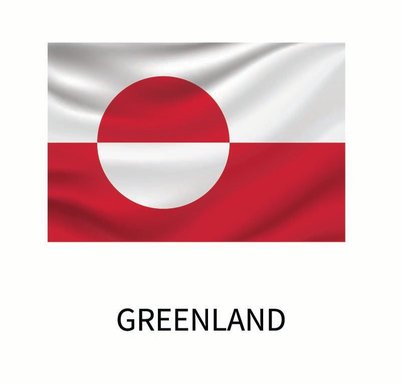 Flag of Greenland featuring a horizontal red stripe with a white circle in the center on a white background, with the word "Greenland" below as a Cover-Alls Flags of the World Decals.