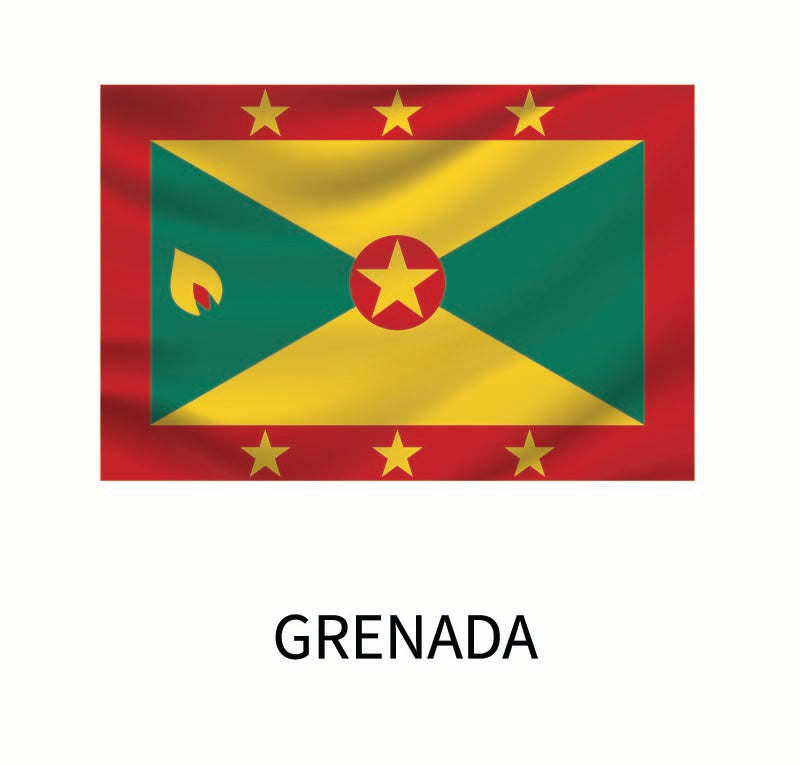 The Cover-Alls Flags of the World decal featuring the flag of Grenada includes a red border with six yellow stars, and a diagonal yellow and green split with a red star and nutmeg symbol in the center.