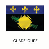 Flag of Guadeloupe featuring three gold fleur-de-lis on a blue background above a yellow sun and green sugarcane on a black background, with 