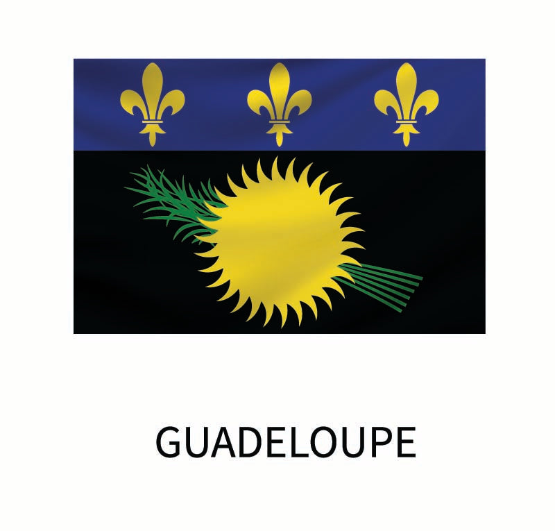 Flag of Guadeloupe featuring three gold fleur-de-lis on a blue background above a yellow sun and green sugarcane on a black background, with "Guadeloupe" text can be found in Cover-Alls Flags of the World Decals.