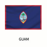 Flag of Guam with a blue field, red border, and central coat of arms featuring a palm tree, proa boat, and ocean, below the name 