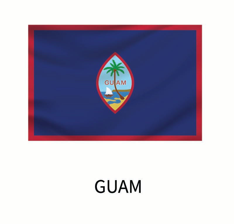 Flag of Guam with a blue field, red border, and central coat of arms featuring a palm tree, proa boat, and ocean, below the name "Guam" as a Custom Size Cover-Alls Flags of the World Decal.