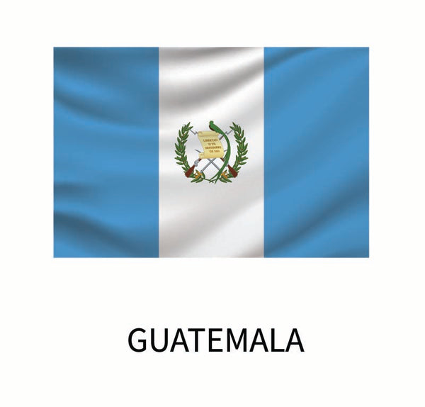 Flag of Guatemala featuring two blue vertical bands with a Cover-Alls Flags of the World Decals white band in the middle, containing the national coat of arms and the name "Guatemala" below.