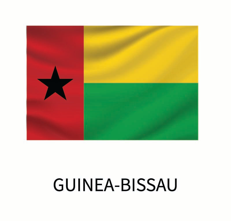 Flag of Guinea-Bissau, available as a Cover-Alls Flags of the World Decals, divided vertically into red, yellow, and green with a black star on the red section.