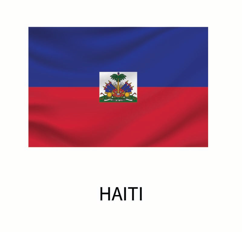 Cover-Alls' Flags of the World Decal of Haiti, with a blue and red horizontal bicolor design, featuring a central white coat of arms, displayed above the country name "Haiti" on a custom size decal.