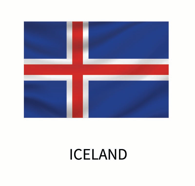 Cover-Alls Flags of the World Decals featuring a blue background with a red cross outlined in white, centered horizontally and vertically, with the word "Iceland" below. Ideal for World Map decals.