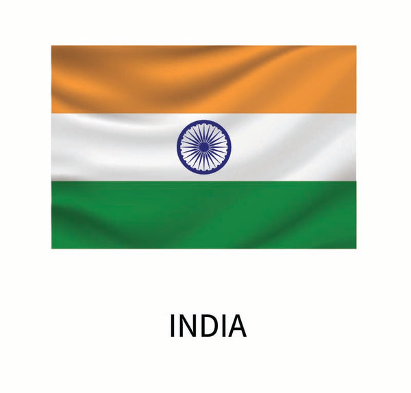 Indian flag with saffron, white, and green horizontal stripes and a navy blue Ashoka Chakra in the center, labeled "India" below as a Cover-Alls Flags of the World Decal.
