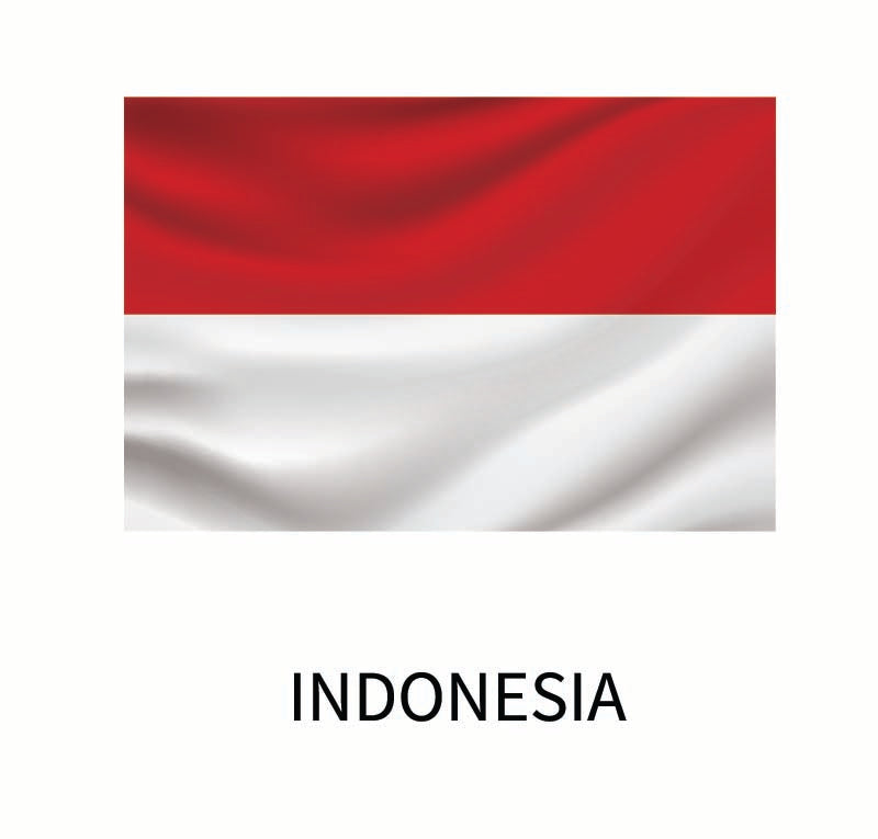 Flag of Indonesia featuring two horizontal bands, the top band is red and the bottom band is white, with the word "Indonesia" below it on a Cover-Alls Flags of the World Decals.