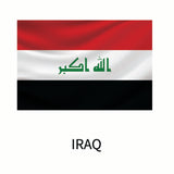 Illustration of the national flag of Iraq, featuring horizontal stripes of red, white, and black, with green Arabic script in the center white stripe, and the word 