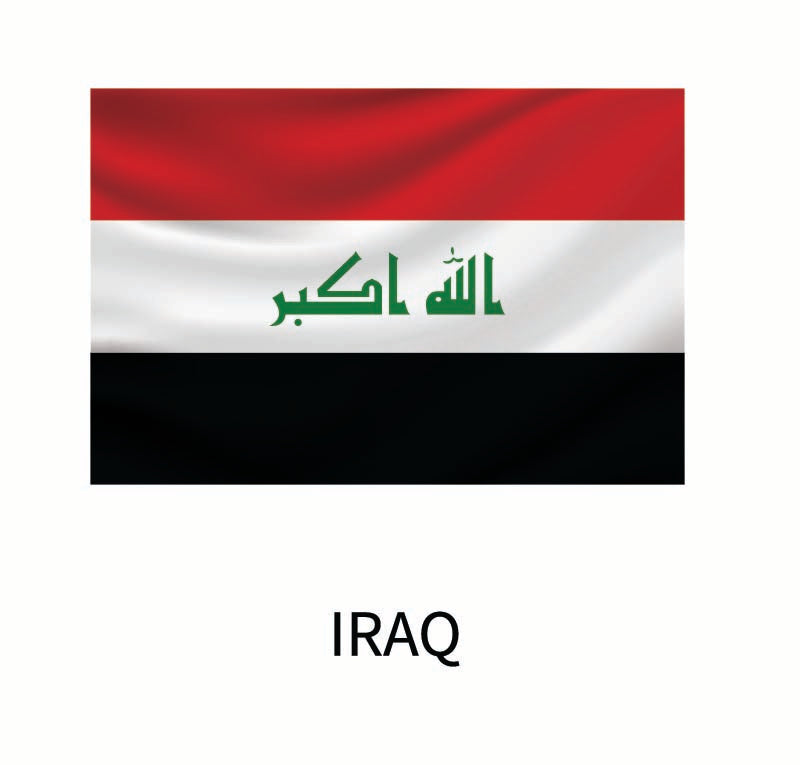 Illustration of the national flag of Iraq, featuring horizontal stripes of red, white, and black, with green Arabic script in the center white stripe, and the word "Iraq" below. This Flags of the World Decals by Cover-Alls image