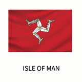 Flag of the Isle of Man featuring three armored legs arranged in a triskelion pattern on a red background, with three stars at the knee joints. This design is available as a Cover-Alls Flags of the World Decals.