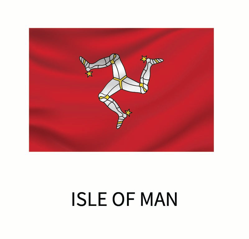 Flag of the Isle of Man featuring three armored legs arranged in a triskelion pattern on a red background, with three stars at the knee joints. This design is available as a Cover-Alls Flags of the World Decals.